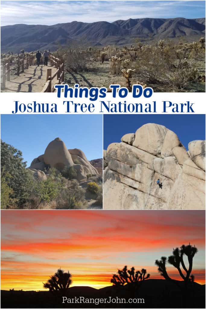 Photos of hiking rapelling watching sunset and skull rock in Joshua Tree National Park with text reading "Things to do Joshua Tree National Park by ParkRangerJohn.com"