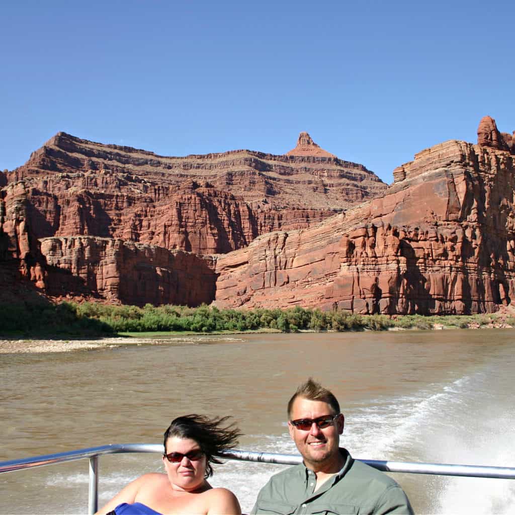 John& Tammilee taking the Moab 3 hour Jet Boat Tour to Canyonlands and Dead Horse Point State Park from Moab