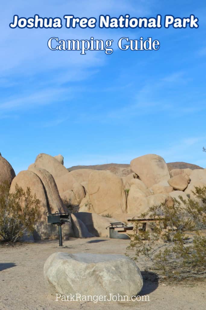 Photo of a campsite in White Tank Campground with text "Joshua Tree National Park Camping Guide by ParkRangerJohn.com"