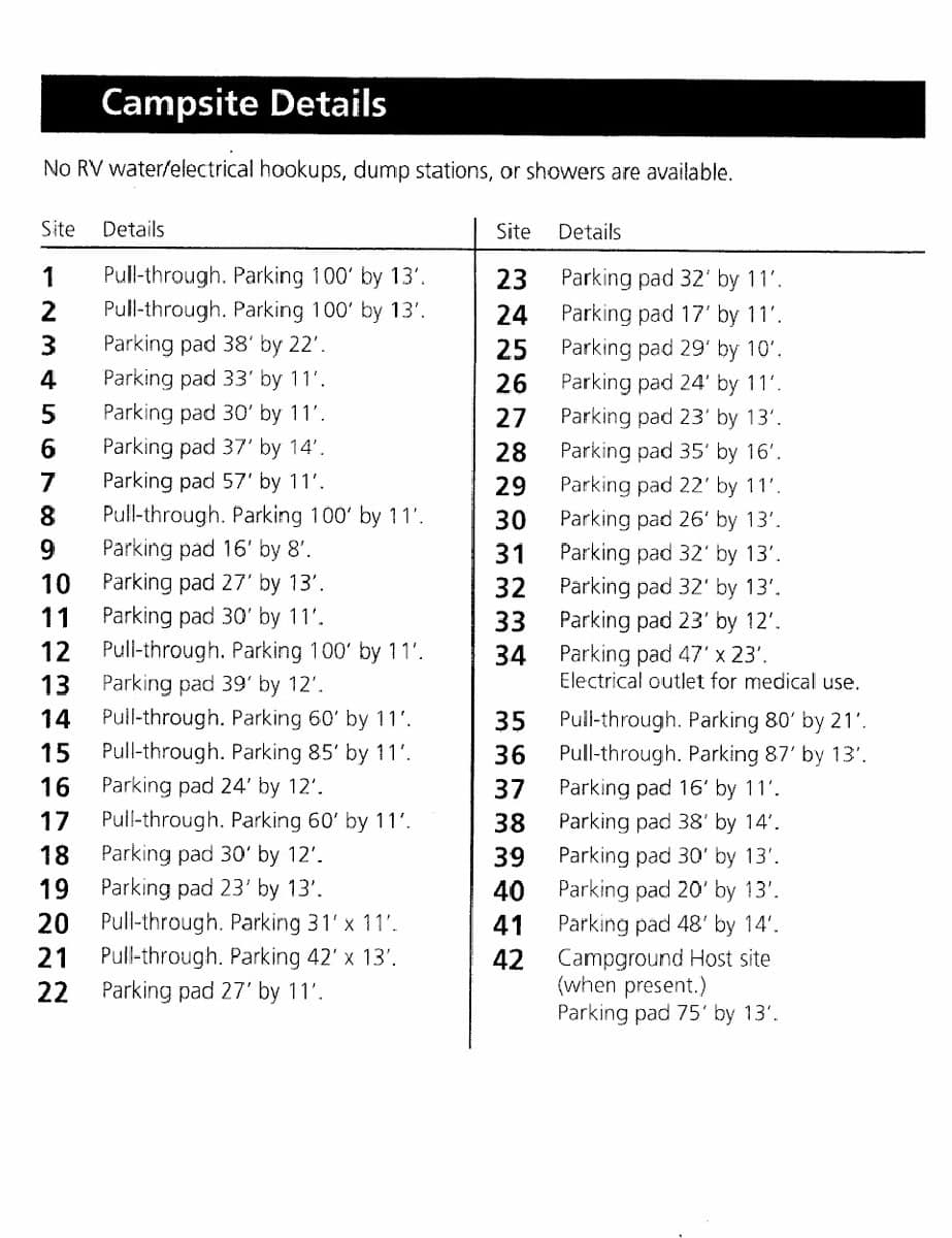 Individual campsite details about parking pad length and width at Lava Flow Campground Craters of the Moon National Monument