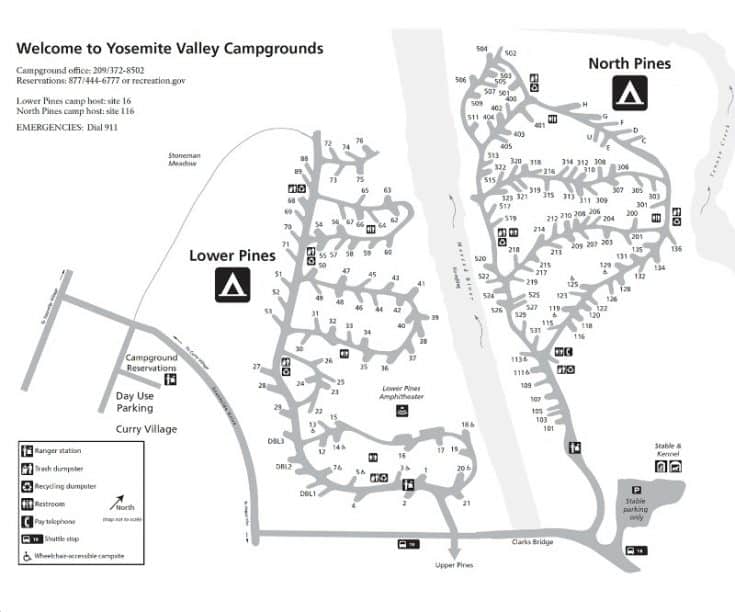 North Pines And Lower Pines Campground Map Yosemite  735x612 