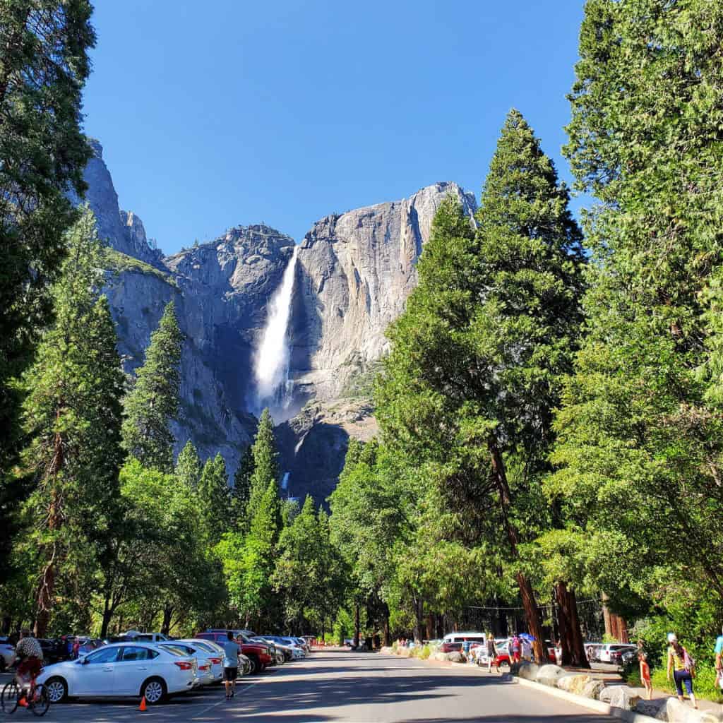 View of Yosemite Falls from the parking lot of Yosemite Valley Lodge