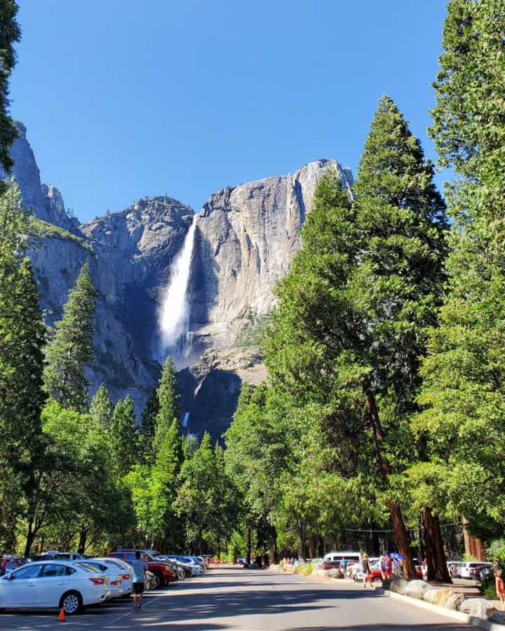 View of Yosemite Falls from the parking lot of Yosemite Valley Lodge