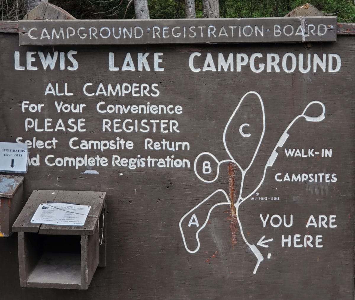 Lewis Lake Campground Map from Bulletin Board in Yellowstone National Park