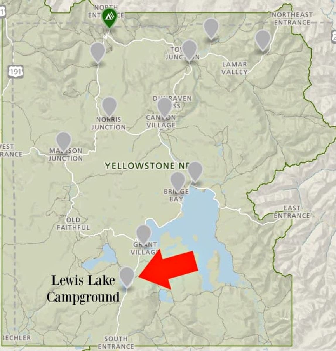 Location of Lewis Lake Campground in Yellowstone National Park