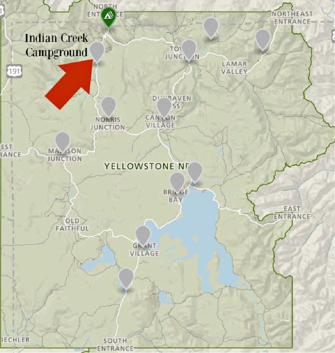 Where is Indian Creek Campground located in Yellowstone National Park
