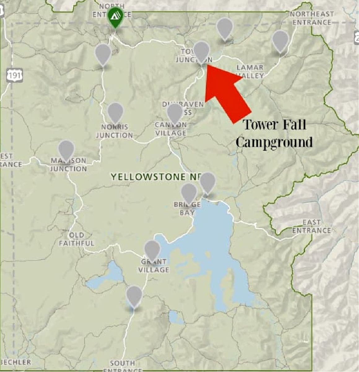 Location of Tower Fall Campground in Yellowstone National Park