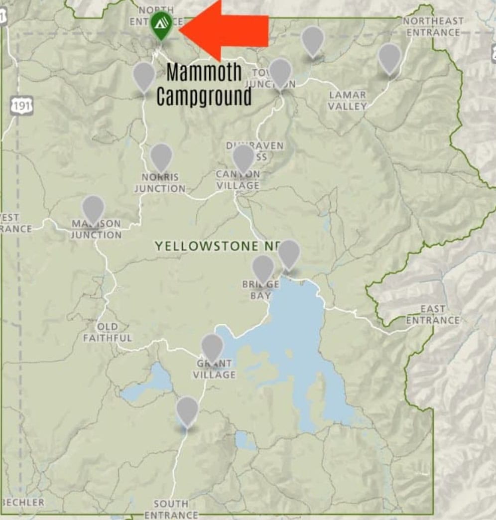 Location of Mammoth Campground in Yellowstone National Park