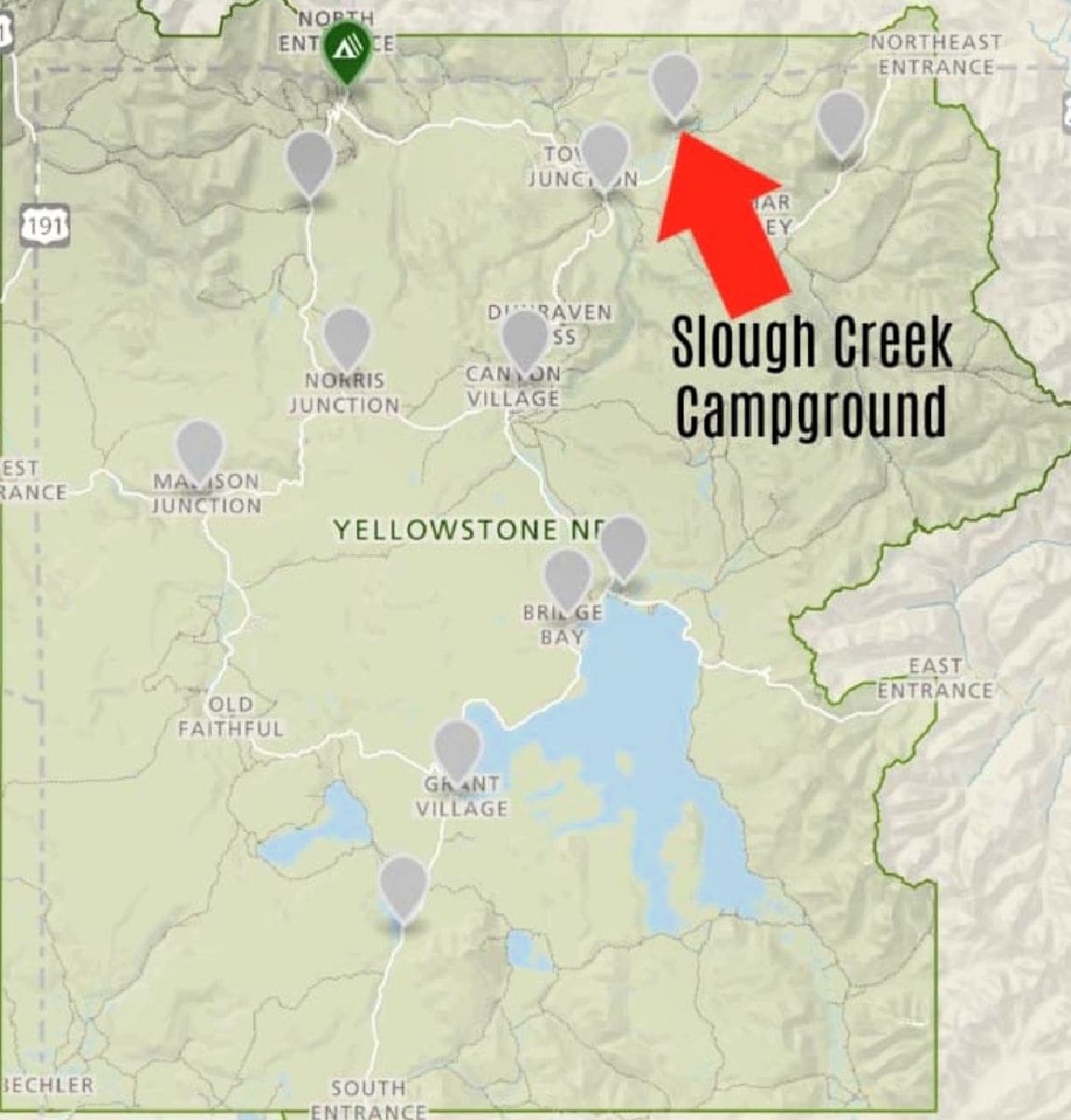 Map showing location of Slough Creek Campground in Yellowstone National