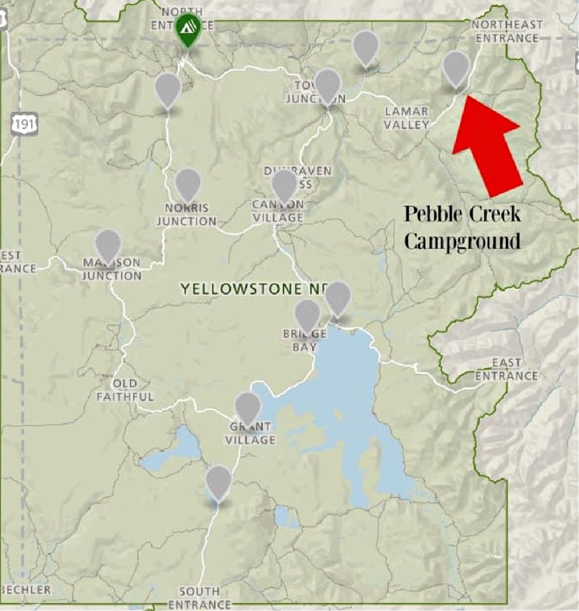 Where is Pebble Creek Campground located in Yellowstone National Park map