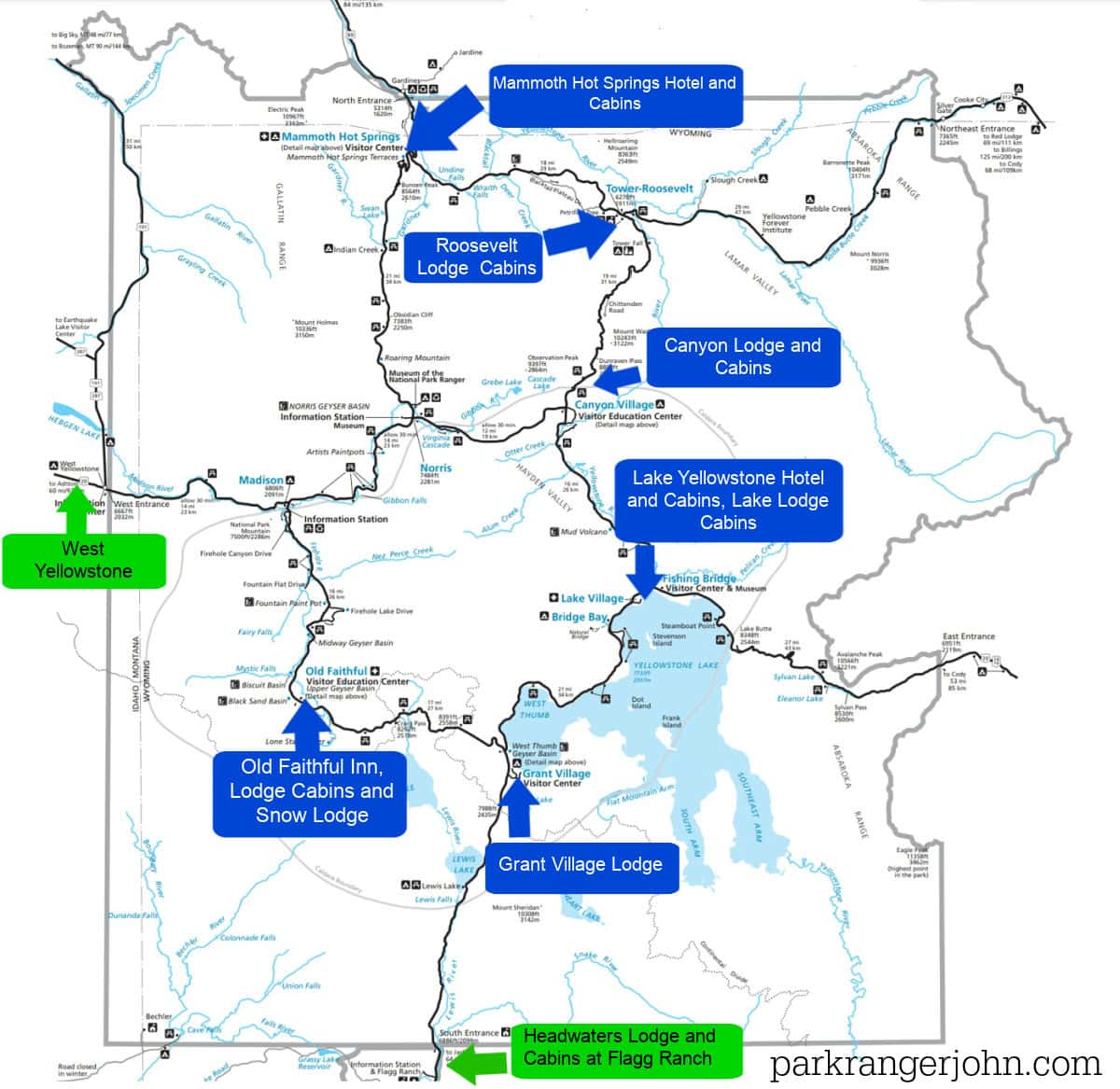 Map of Lodges in Yellowstone National Park