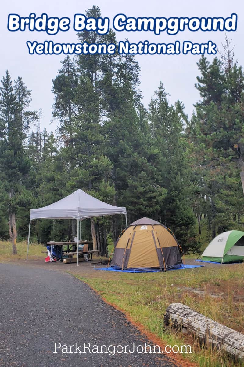 Photo of Bridge Bay Campground in Yellowstone National Park with text reading "Bridge Bay Campground Yellowstone National Park by ParkRangerJohn.com"