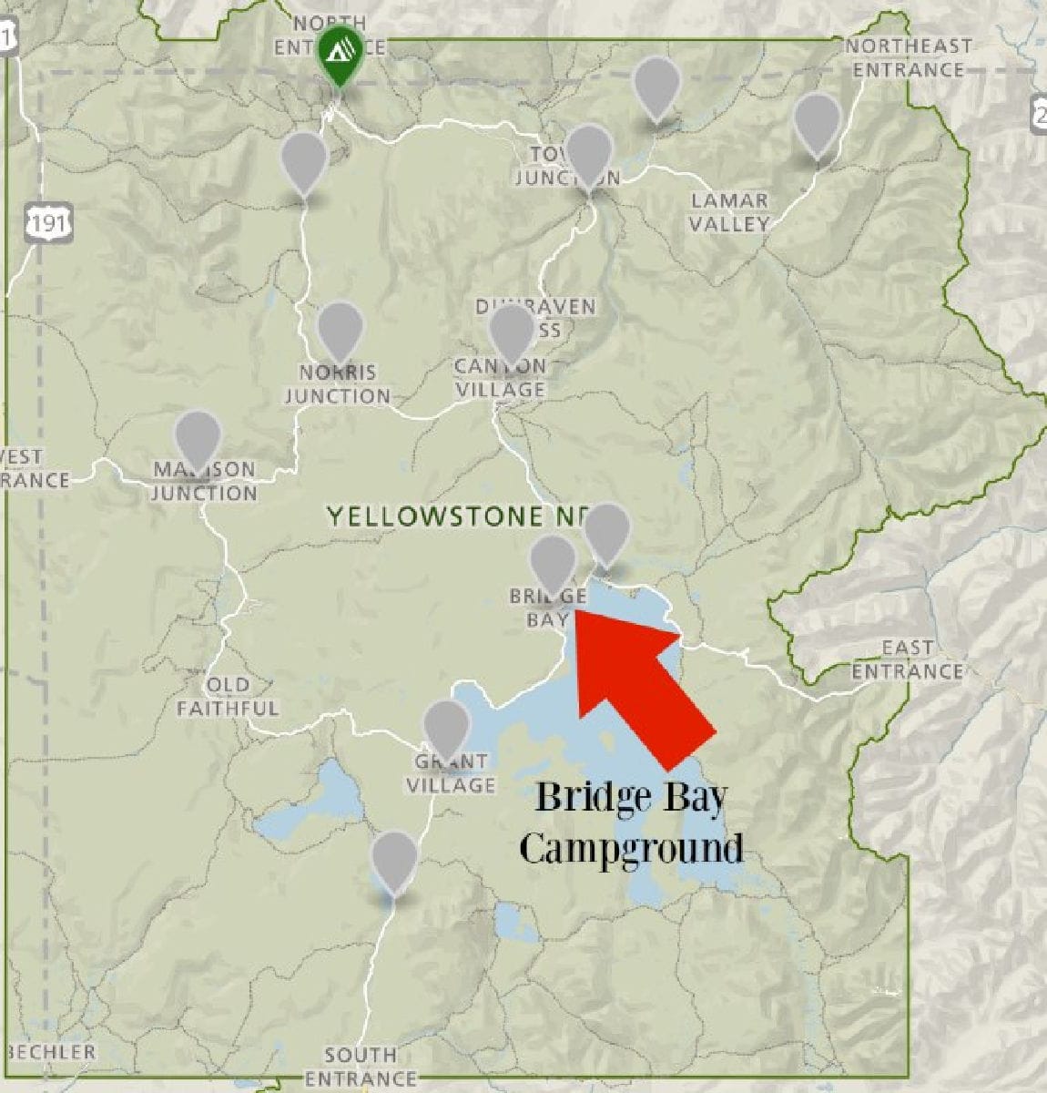 Map of Yellowstone National Park showing location of Bridge Bay Campground