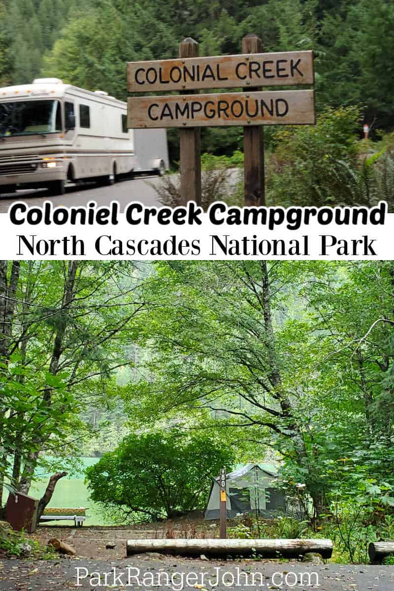 Photo of RV and campsite at Coloniel Creek Campground with text reading "Colonial Creek Campground North Cascades National Park by ParkRangerJohn.com"