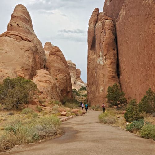 Hikers on the Devils Garden Trail in Arches National Park walking between sandstone fins