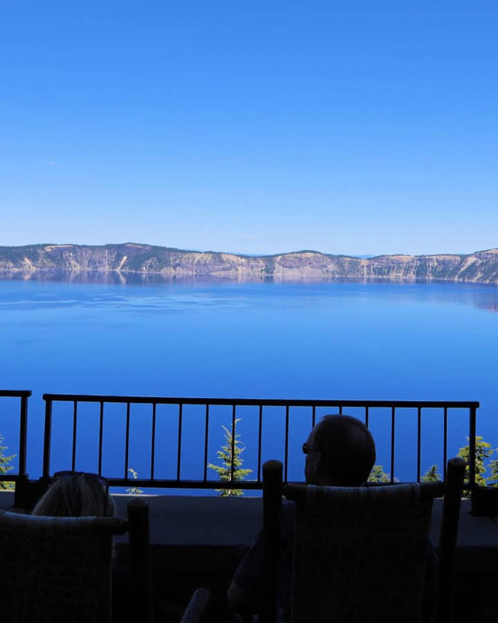 Overlooking Crater Lake from the deck of the Crater Lake Lodge in Oregon