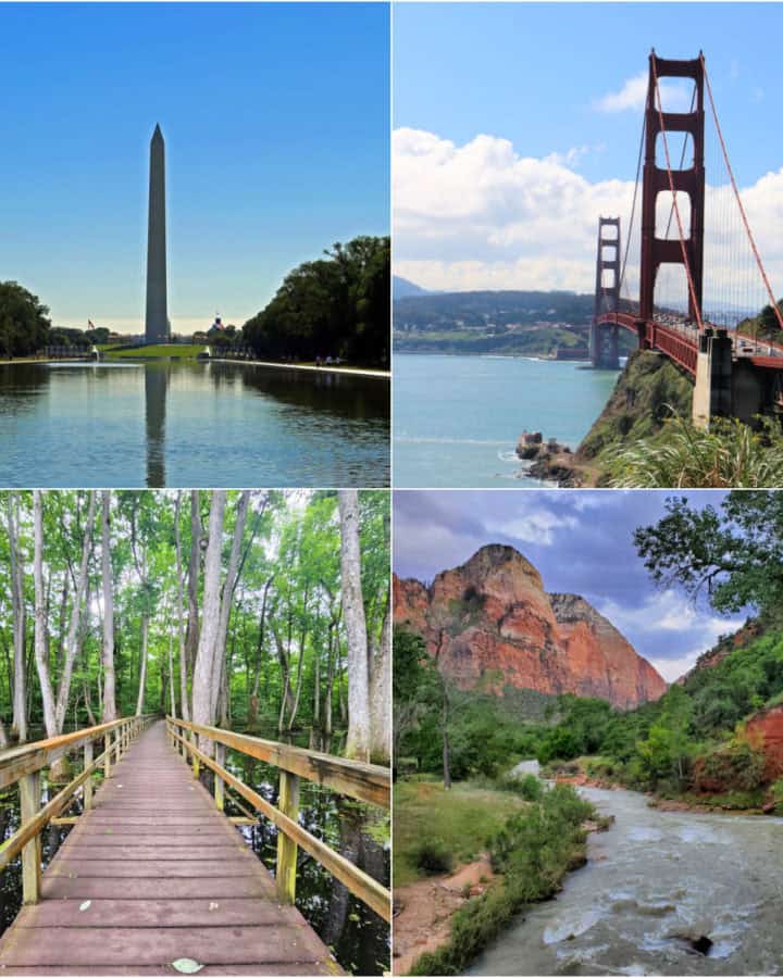 photo colage with the Lincoln Memorial, the Golden Gate Bridge, the Cypress swamp at Natchez Trace Parkway and the Virgin River at Zion National Park