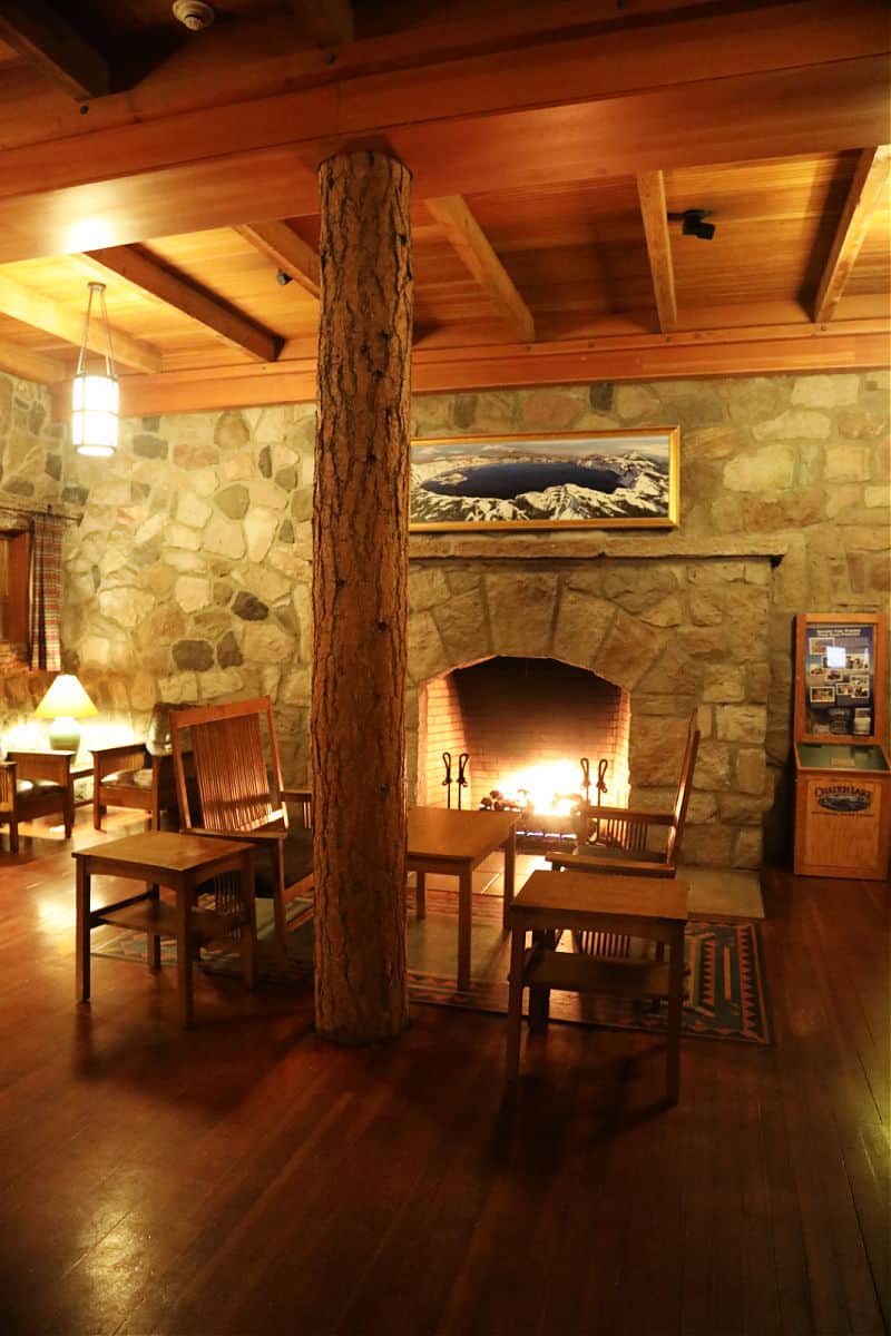 fireplace inside Crater Lake Lodge