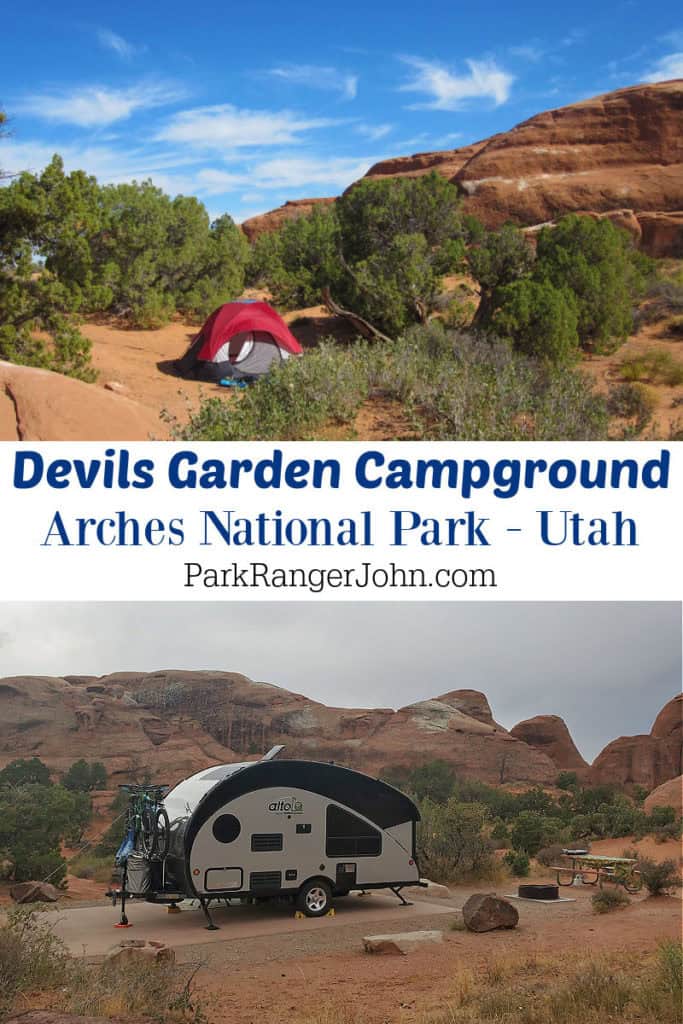 Top photo of a tent setup at Devils garden Campground and bottom photo of camper set up at Devils Garden Campground with text "Devils Garden Trailhead Arches National PArk by ParkRangerJohn.com"