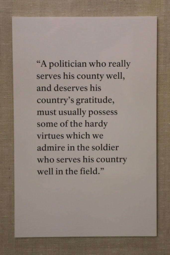 Theodore Roosevelt Quote posted on the wall at Theodore Roosevelt Birthplace site "A politician who really serves his country well, and deserves his country's gratitude, must usually posess some of the hardy virtues which we admire in the soldier who serves his country well in the field"