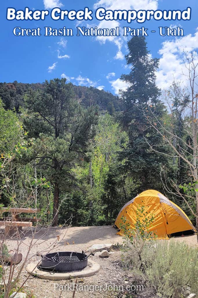 Photo of a campsite at Baker Creek Campground with text "Baker Creek Campground Great Basin National Park by ParkRangerJohn.com"