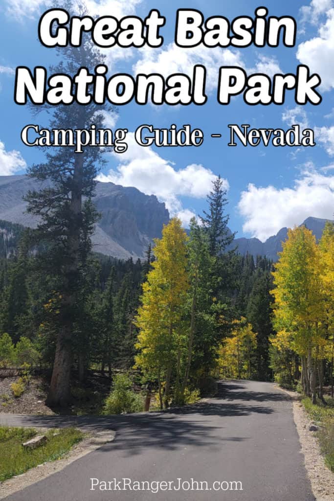 Photo of Wheeler Peak in the background of Wheeler Peak Campground with text "Great Basin National Park Camping Guide by ParkRangerJohn.com" 