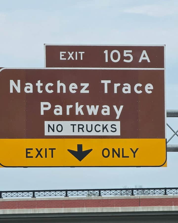Natchez Trace Parkway Sign with no trucks, exit 105A