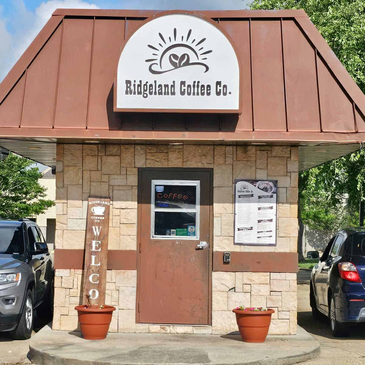 Ridgeland Coffee Co. Drive thru coffee shop with welcome sign