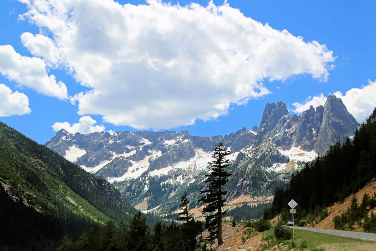 Driving westbound on the North Cascades Highway in North Cascades National Park