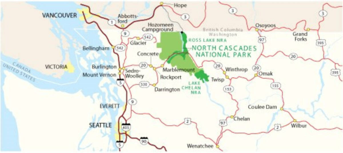 North Cascades National Park Map with nearby towns