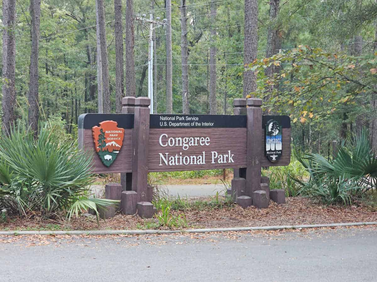 Congaree National Park entrance sign with trees in the background