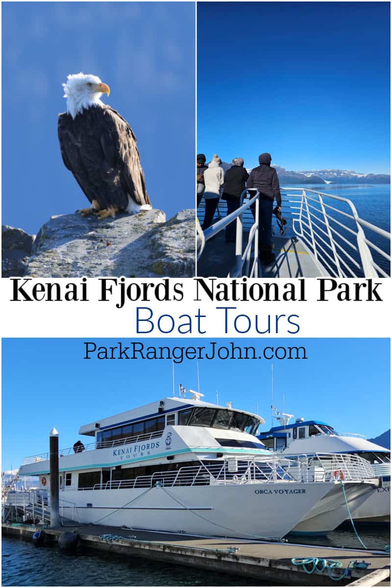 Photos of a bald eagle, Orca explorer boat from Kenai Fjords Tours and people on the boat with text reading "Kenai Fjords National Park Boat Tours by ParkRangerJohn.com"