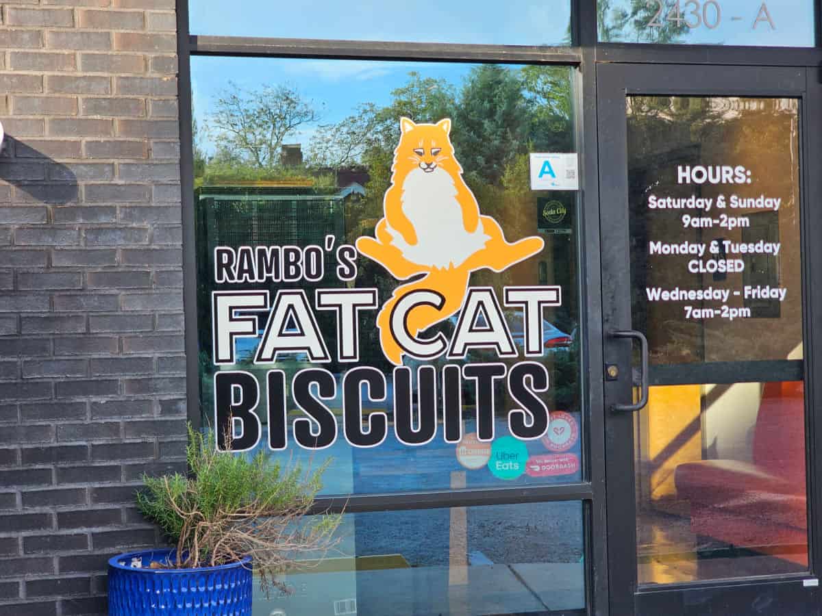 Rambo's Fat Cat Biscuits on a window with a large orange cat