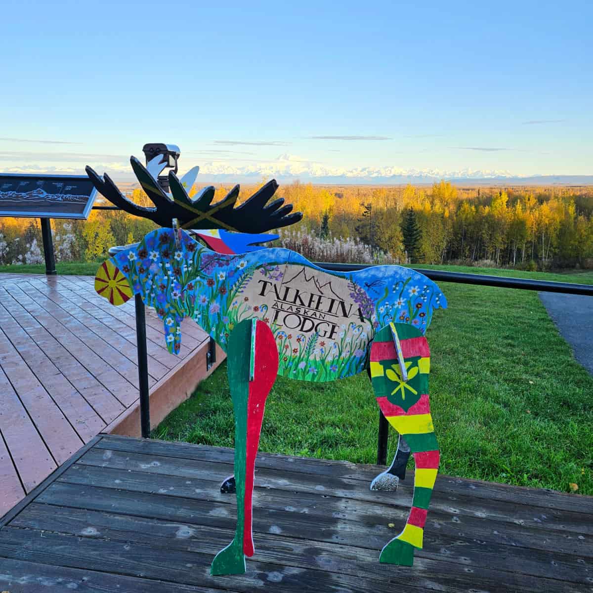 Talkeetna Alaskan Lodge moose sculpture with Denali in the background at Talkeetna Alaskan Lodge