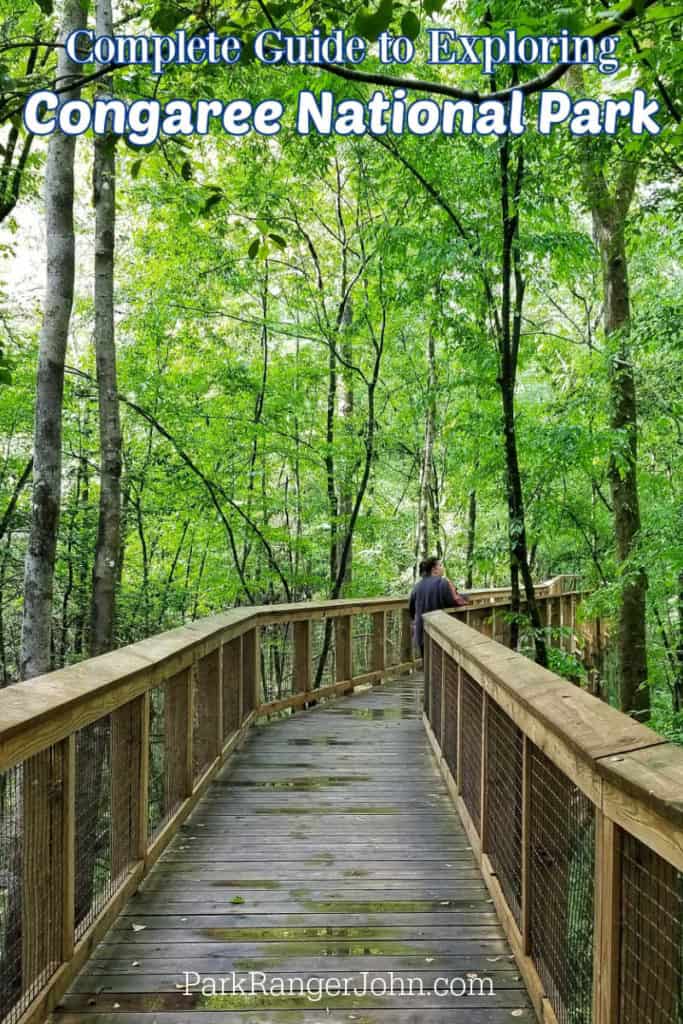 Photo of the Boardwalk Trail in Congaree National PArk with text reading "Complete Guuide to Exploring Congaree National Park by ParkRangerJohn.com"