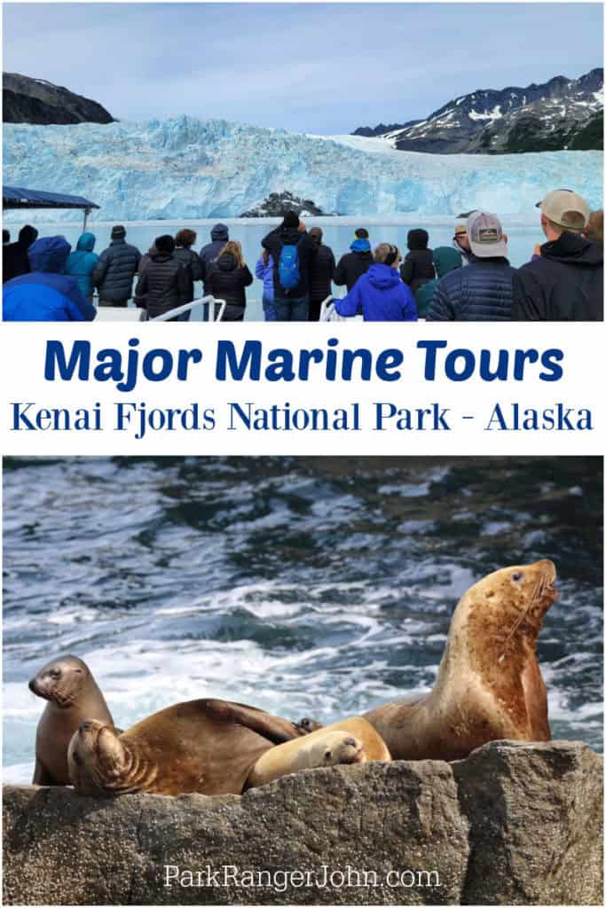 Photo of people on a boat looking at a glacier and a photo og Stellar Sea Lions with text "Major Marine Tours Kenai Fjords National Park Alaska by ParkRangerJohn.com"