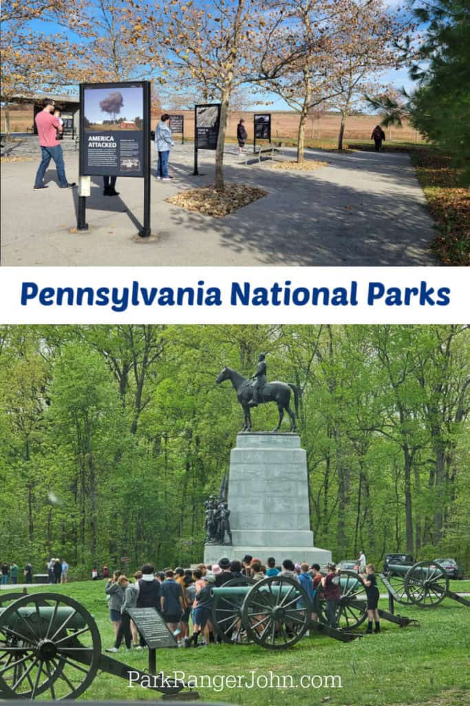 Photo on top taken at Flight 93 Memorial and bottom photo at Gettysburg with text "Pennsylvania National Parks from ParkRangerJohn.com" 