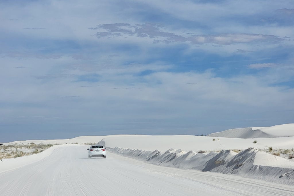 Driving the park road in White Sands National Park. 